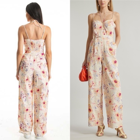 PAIGE X LIBERTY Floral Linen Sleeveless Belted Tie Neck Wide Leg Jumpsuit 4 - Picture 3 of 13